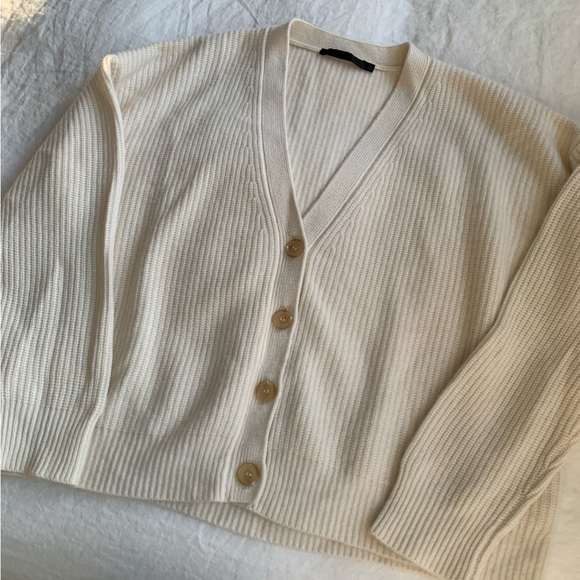 Jenni Kayne Cropped Cashmere Cocoon V Neck Knit Cardigan Sweater Ivory - Picture 2 of 9